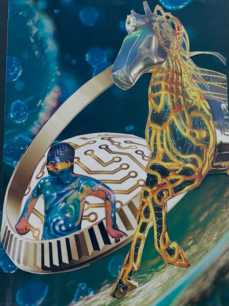 IEEE Digital horse, out of this world man, gold watch dial, blue molecular background 
