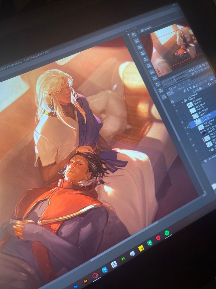 A photo of a golden-hour painting of a man resting his head on the lap of a blond while they play with his hair.

#art #painting