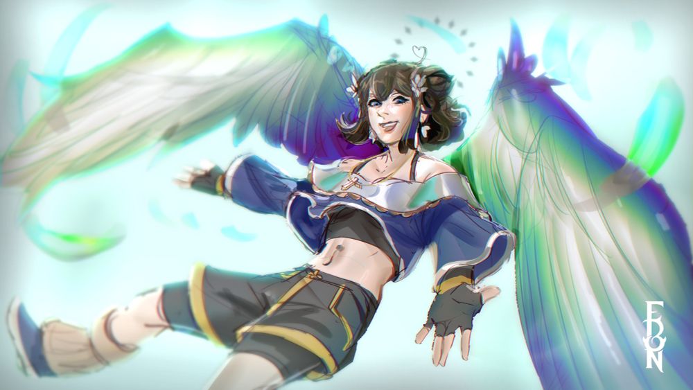 A painting of an angel-winged girl with rainbow wings and sporty clothes. She extends a hand in silent offering with a playful smile 