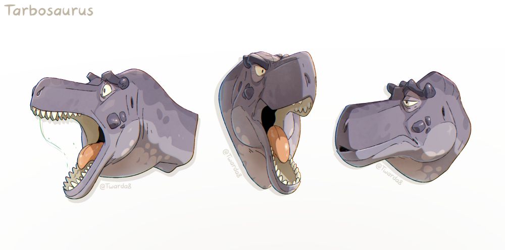 Three portraits of Tarbosaurus with different expressions