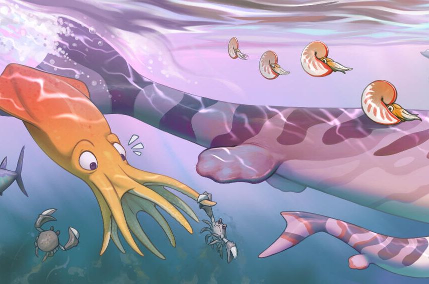 Left part of an underwater scene portraying mosasaurs. This part features a squid, crabs, and ammonites.