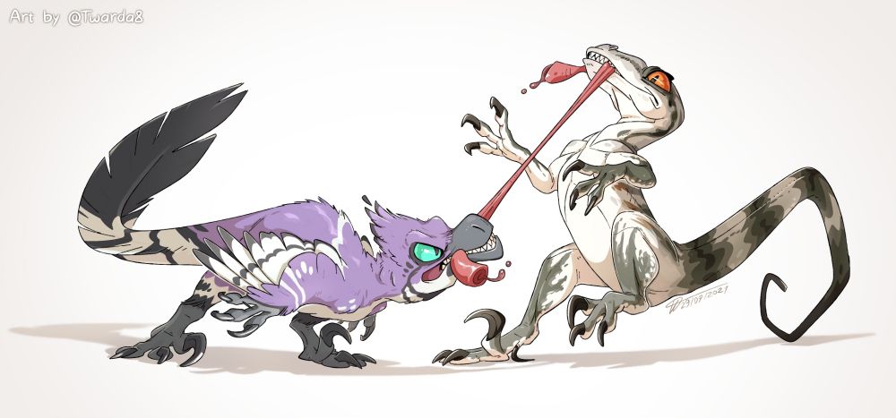 Two Velociraptor characters doing tug of war with a meat piece. One is feathered, one is scaly.