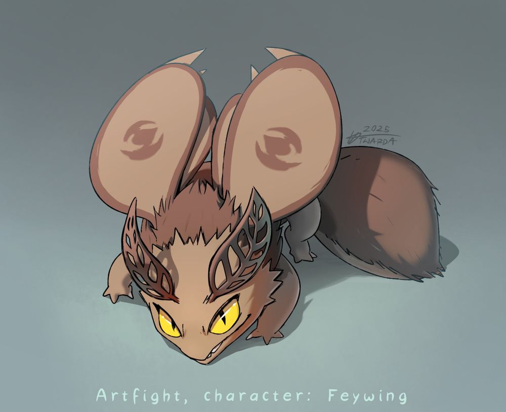 A digital drawing of a mischievous dragon-moth creature.