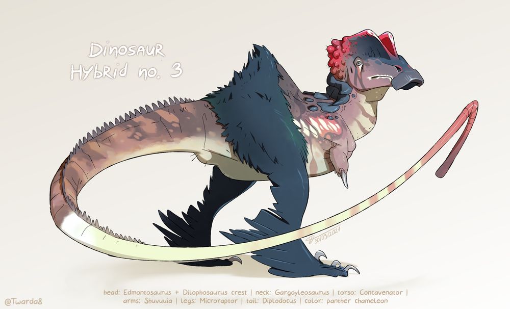 A dinosaur hybrid composed out of several different dinosaur species (raptor-like body with Lambeosaurus head)