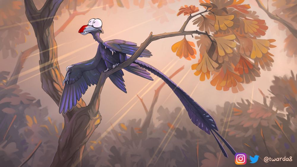 Stylized Microraptor painting. The dinosaur is sitting on a prehistoric Ginkgo.