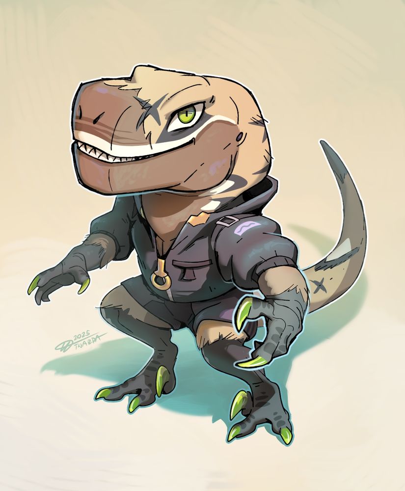 A fullbody drawing of a dinosaur OC in some clothes