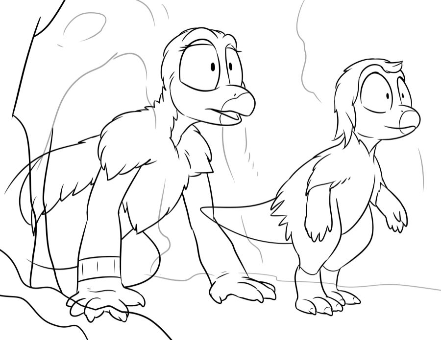 Two dinosaurs emerge from a small cavern entrance. Lineart