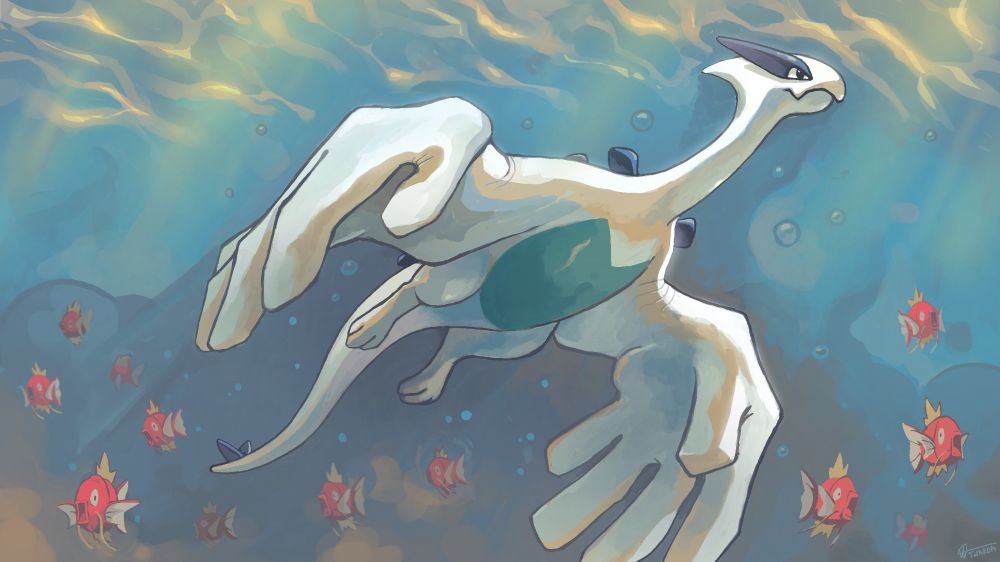 Lugia painting: finished. Lugia is swimming through a school of Magikarp