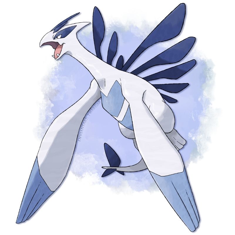 A digital illustration portraying Lugia as a fan-made mega evolution with big and erect back fins, three sail-like shaped hornets on the tail, more elaborate "face mask" horn, and stiff paddle-like palms with thin three fingers on each hand.