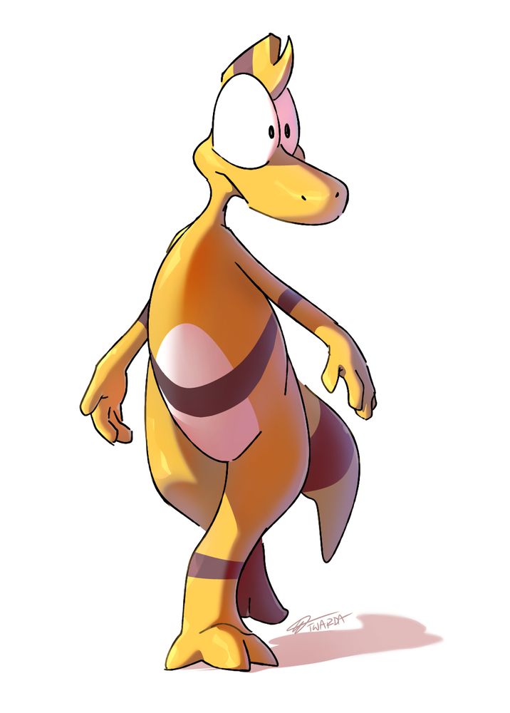 A cartoony dinosaur is walking, looking right