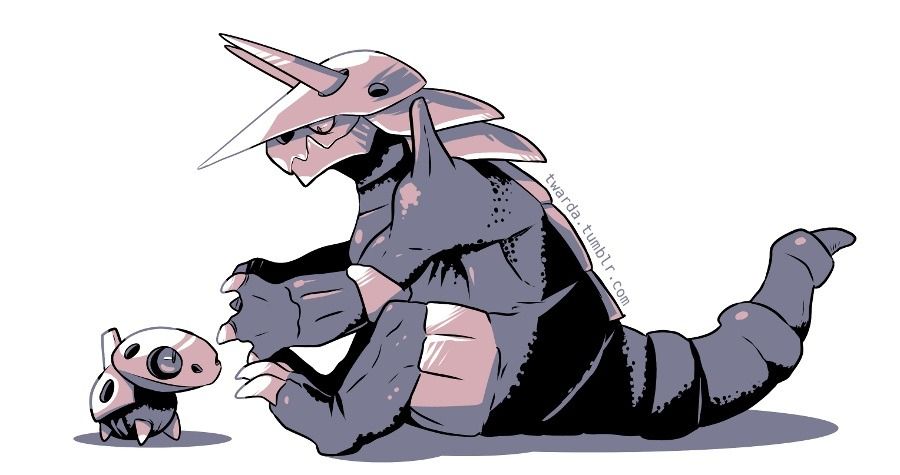 A digital drawing of an Aron and an Aggron sitting next to each other