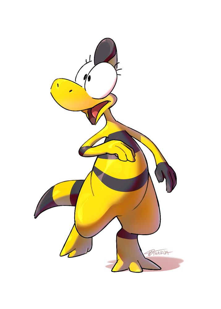 A yellow dinosaur character, looking left
