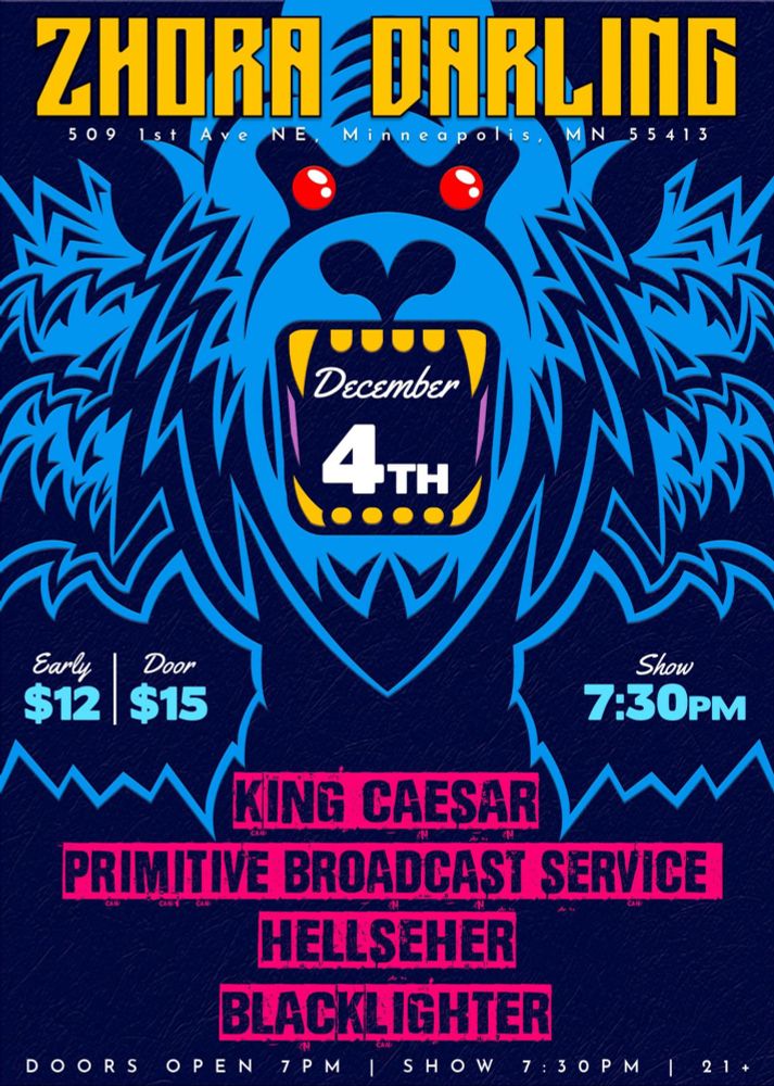 Flyer for the Primitive Broadcast Service rock show Wed. Dec. 4 at Zhora Darling in Minneapolis.