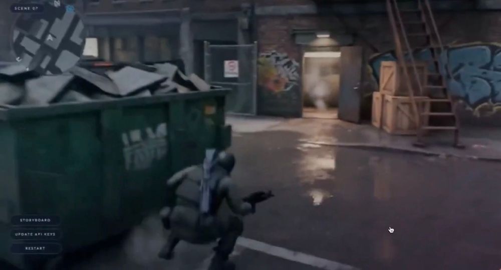 AI generated street scene of a rainy alleyway, ostensibly an extension of the scene in previous images. The dumpster is to the left, and the character is landing directly next to it, which for some reason is creating a puff of smoke from his feet. 