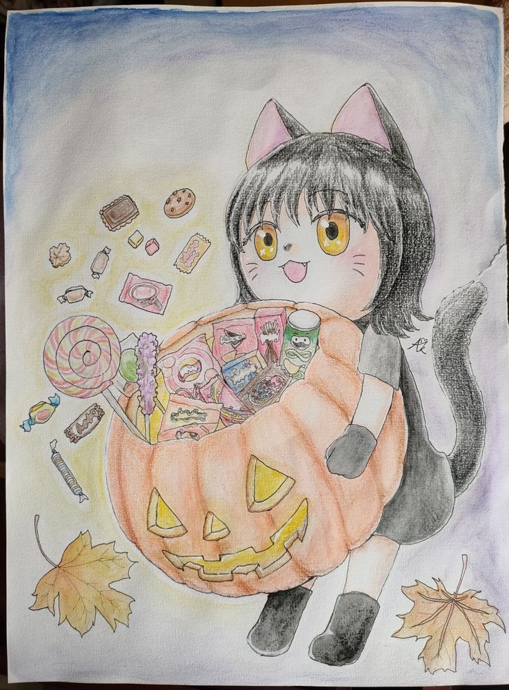 A girl with black kitty ears and tail holding big pumpkin bucket filled with goodies and looking left up. Two maple leaves are around her.