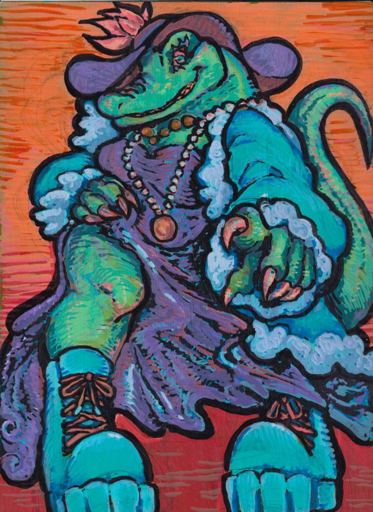 Image is a painting of a large anthropomorphic crocodile woman wearing a wide purple sunhat and matching purple slit dress. Orange is used as the colour of the background, her teeth and her claws. She is pointing down at the viewer.