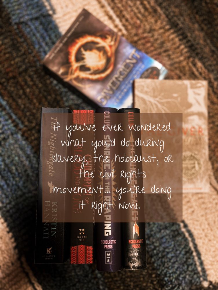 a photo of books on a crochet blanket with an overlaying quote that says “if you’ve ever wondered what you’d do during slavery, the holocaust, or the civil rights movement… you’re doing it right now.”