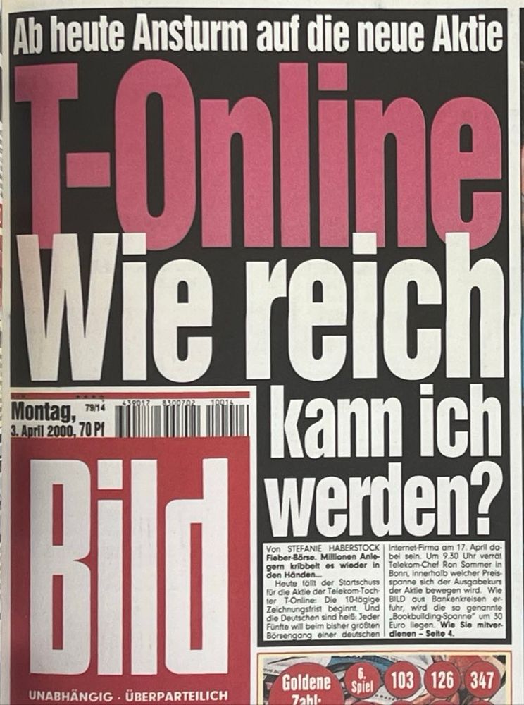 BILD-Titelseite vom 3. April 2025, Aufmacher: (klein) “Ab heute Ansturm auf die neue Aktie” (groß) “T-Online – Wie reich kann ich werden?”