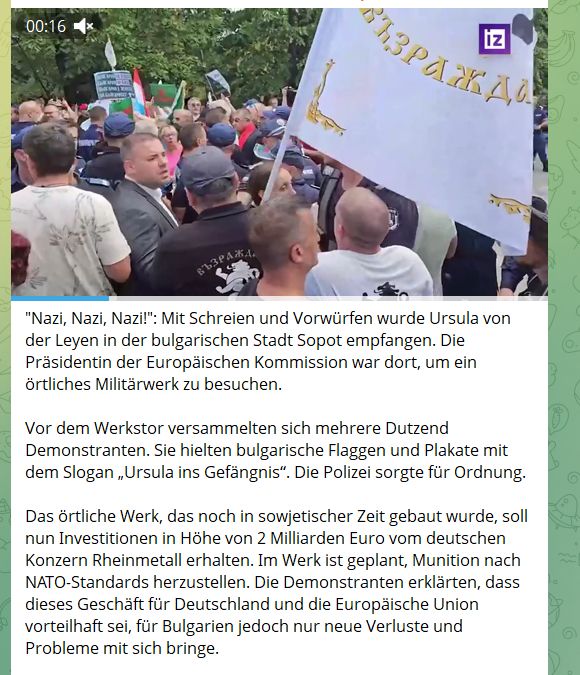 Screenshot vom Kanal „DeutschRussische Freundschaft“ auf Telegram mit Izvestia-Video. Text: „