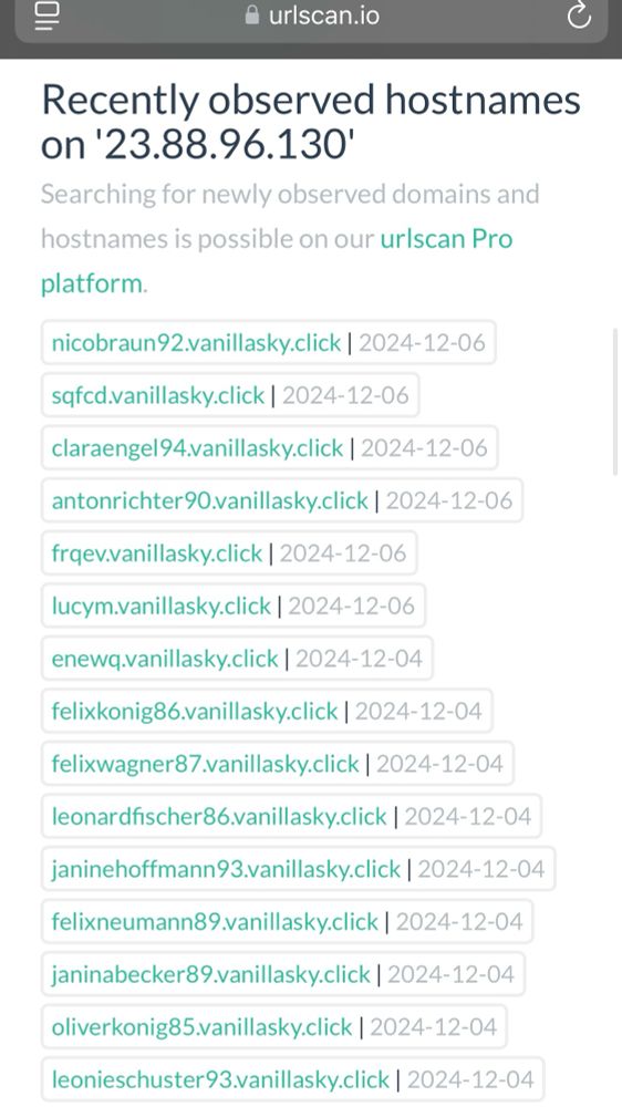 2. Screenshot of Subdomains of vanilasky.click https://urlscan.io/ip/23.88.96.130