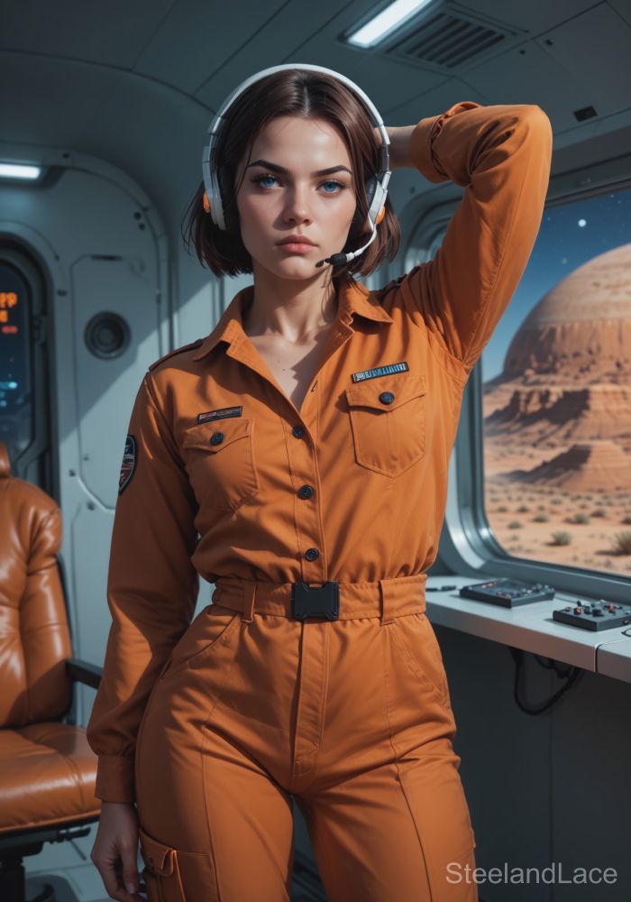 A woman in an orange flight suit wearing a headset standing in a habitat module on a desert planet. 