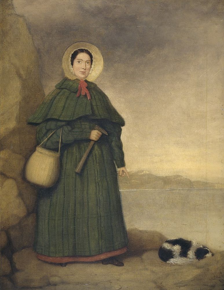 a painting of mary anning, a dark-haired woman of average height and build, standing on a cliffside with a very cute dog curled up at her feet