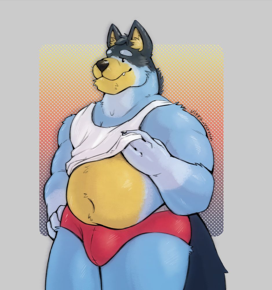 Bandit Heeler in red underwear, lifting his white tanktop to show off his belly.