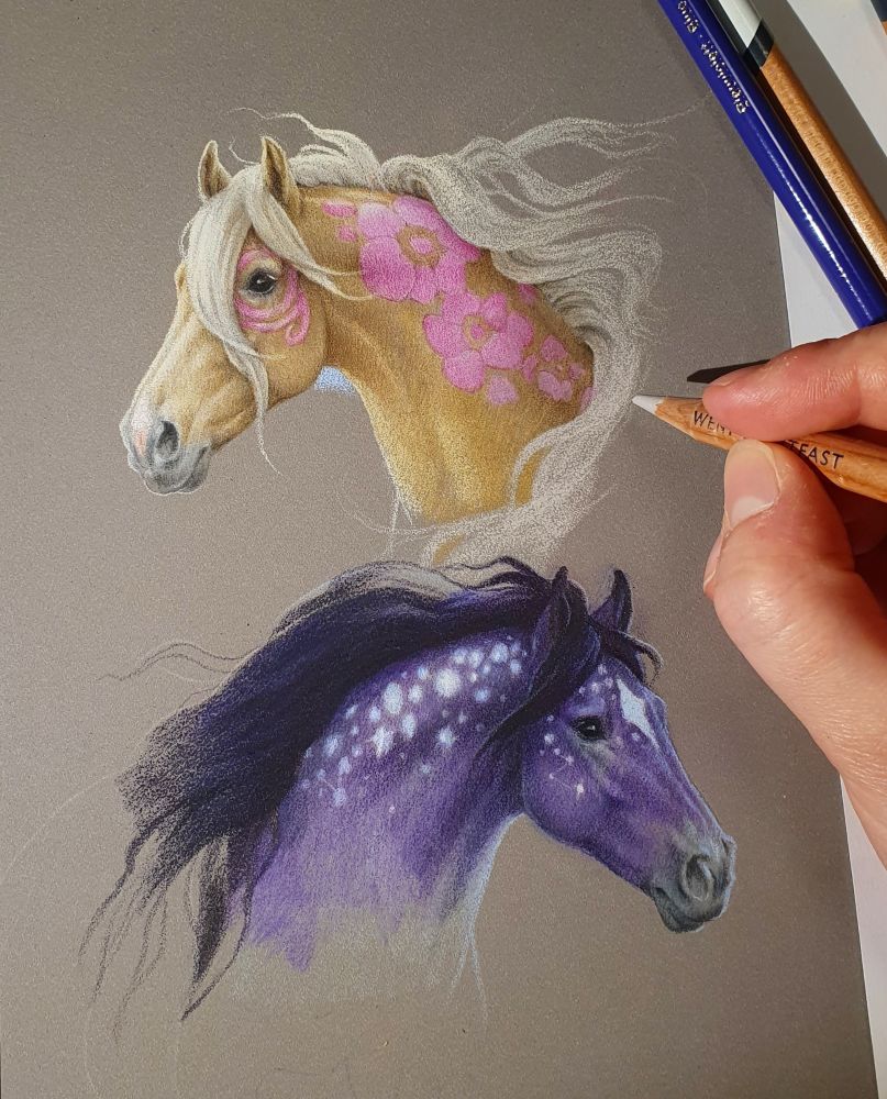 Drawing of two horses, the other one represents day and the other one night.
