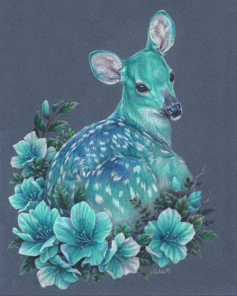 Drawing of a blue and turquoise fawn laying on a flower bed.