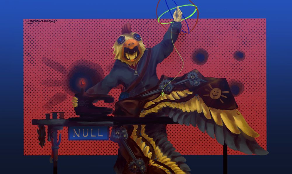 A drawing of Null from the hit roblox game regretevator sewing the wings all together wowzies sorry no more text it's like 4 am for me