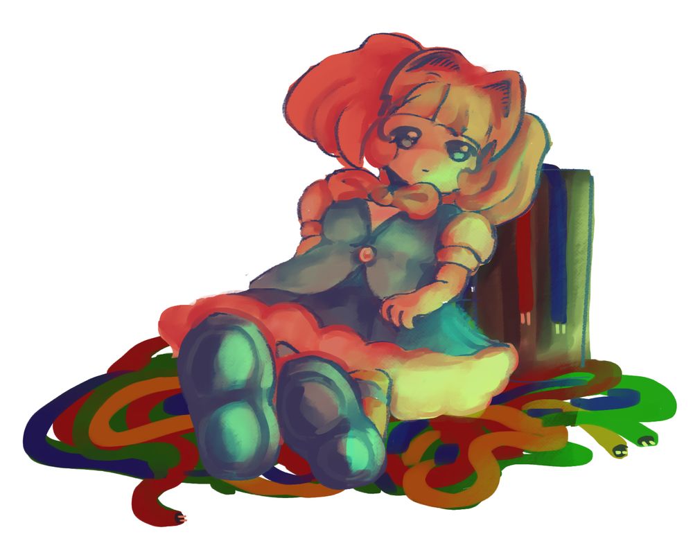 STAT lying on a bunch of colorful wires, leaning on a computer block