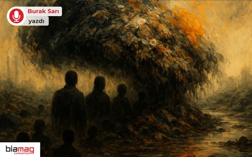 Görselde loş ve puslu bir atmosferde, doğayla iç içe silüet halinde duran insan figürleri yer alıyor. Yoğun bitki örtüsünün altında, karanlık tonlar ve yer yer turuncu yansımalar hâkim. Sağ alt köşede bir dere akıyor. Sol üstte “Burak Sarı yazdı”, sol altta ise “biamag cumartesi” logosu bulunuyor. Görsel, gizemli ve melankolik bir anlatım taşıyor.