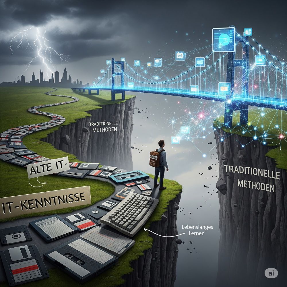 Ein symbolisches Bild, das eine kurvenreiche, bröckelnde Straße aus veralteter Computerhardware wie Disketten und alten Tastaturen zeigt. Diese Straße führt zu einem steilen Abgrund. Auf der anderen Seite des Abgrunds befindet sich eine moderne Brücke, die aus leuchtenden, vernetzten Datenpunkten und Code-Zeilen besteht. Ein einsamer Mensch mit einem Rucksack, auf dem „Lebenslanges Lernen“ steht, steht am Rand des Abgrunds und blickt zur neuen Brücke. Über dem alten Weg ziehen dunkle Gewitterwolken auf, während die neue Brücke in hellem Licht erstrahlt, im Hintergrund die Silhouette einer deutschen Stadt.