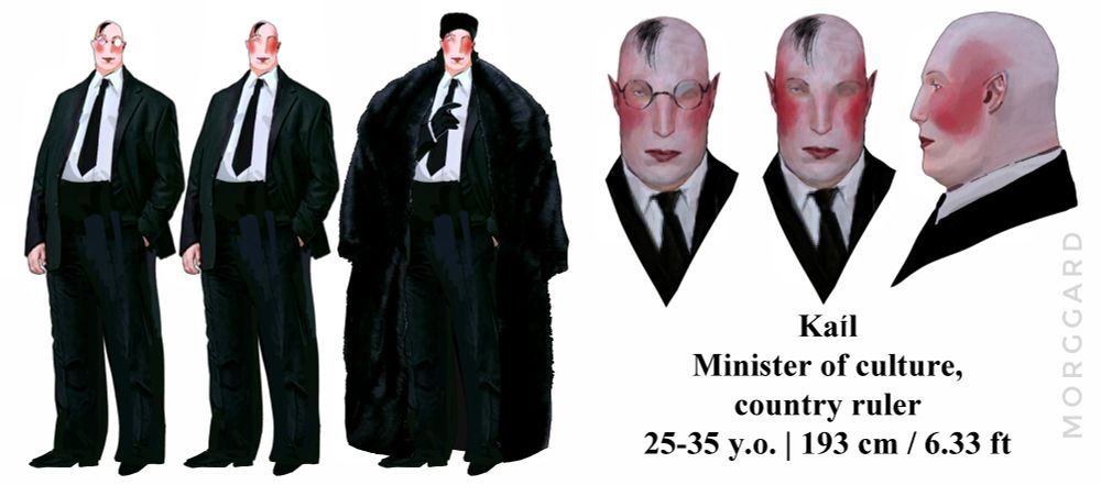 Kaíl: minister of culture, country ruler, 25-35 yo , 193 cm/ 6.3 ft,
Black suit, long black fur coat, bald fat man with youthful face, dark lipstick, red blush 