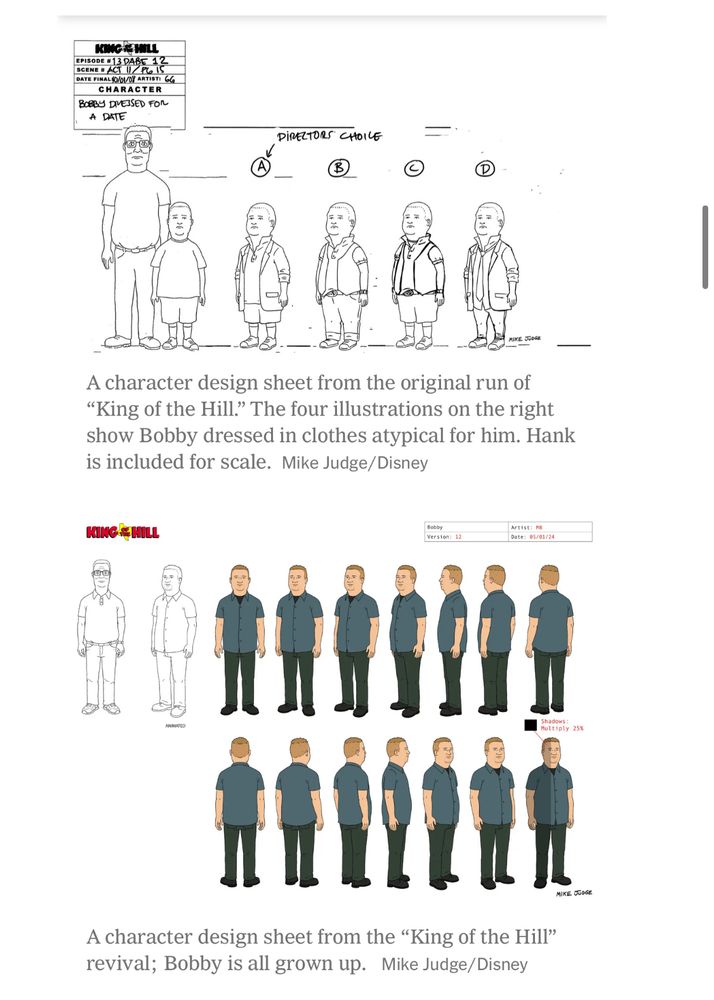 Character sheets for the “king of the hill” character Bobby hill, showing him as an adolescent (in the original run) and in his 20s (in the revival) 