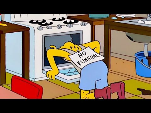 moe with his head in an oven and a sign taped to his back reading "no funeral"