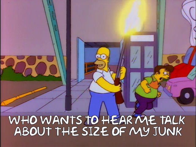 Homer firing off shotgun in front of bowling alley, shouting, "Who wants to hear me talk about the size of my junk"