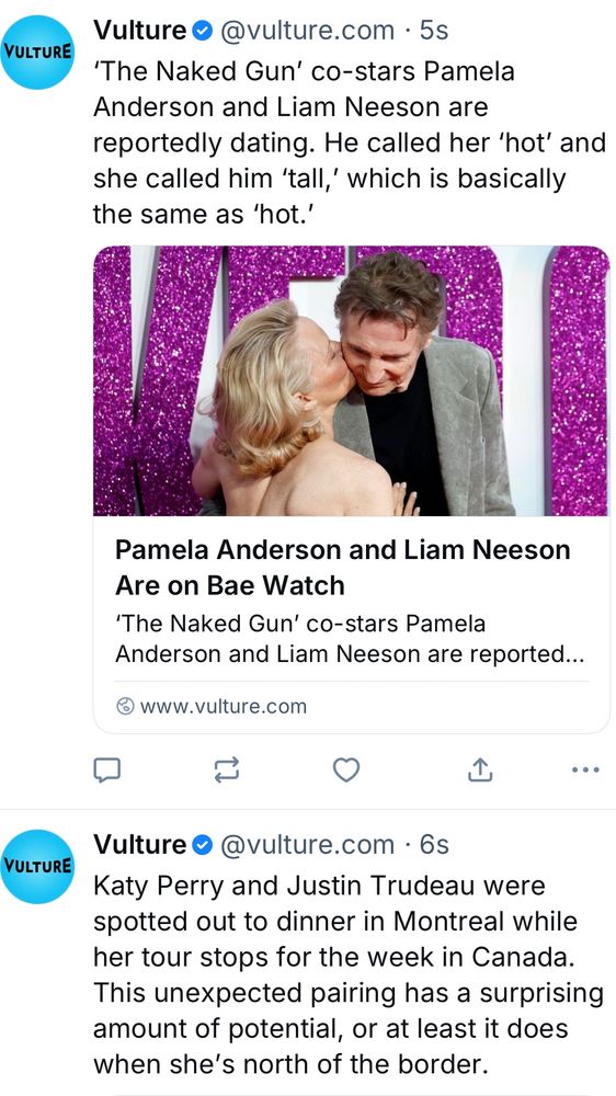 consecutive posts from Vulture that Liam Neeson is dating Pamela Anderson and Justin Trudeau is dating Katy Perry