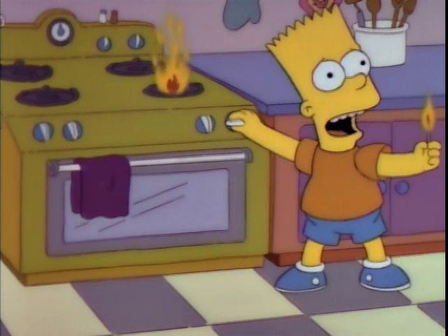 Bart using a match to light a gas stove