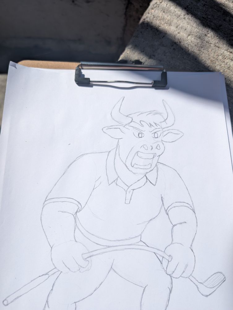 A pencil drawing of a bull that is mad as a hatter, bending his putter in frustration.