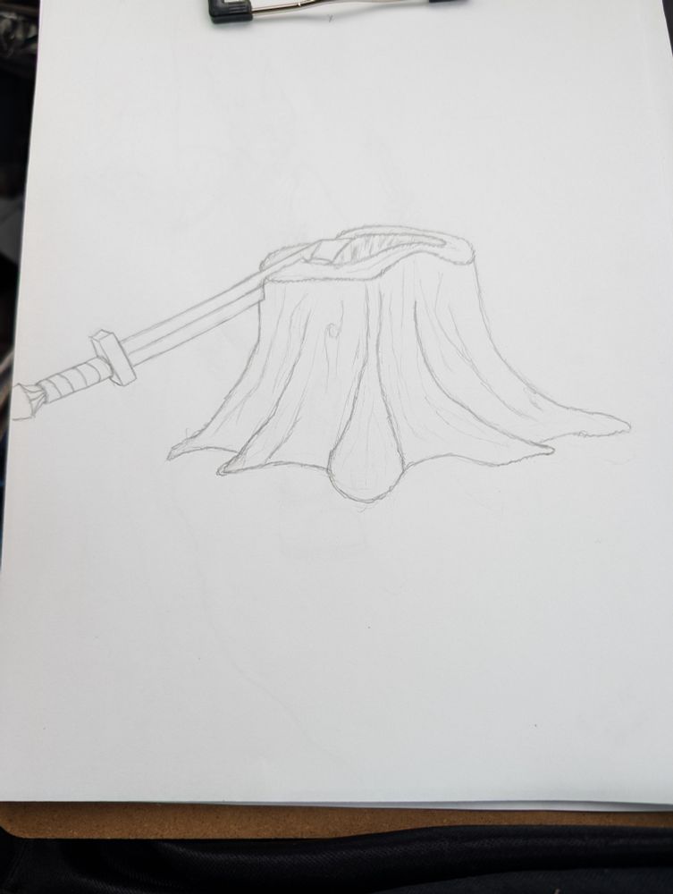 A drawing of a sword stuck in a weathered stump.