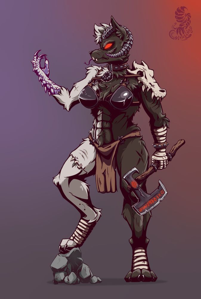 A black and white female beastman with a crocodile skull on her head stands with her foot resting on a rock, looking at the mutation on her hand, holding a runic axe in the other.