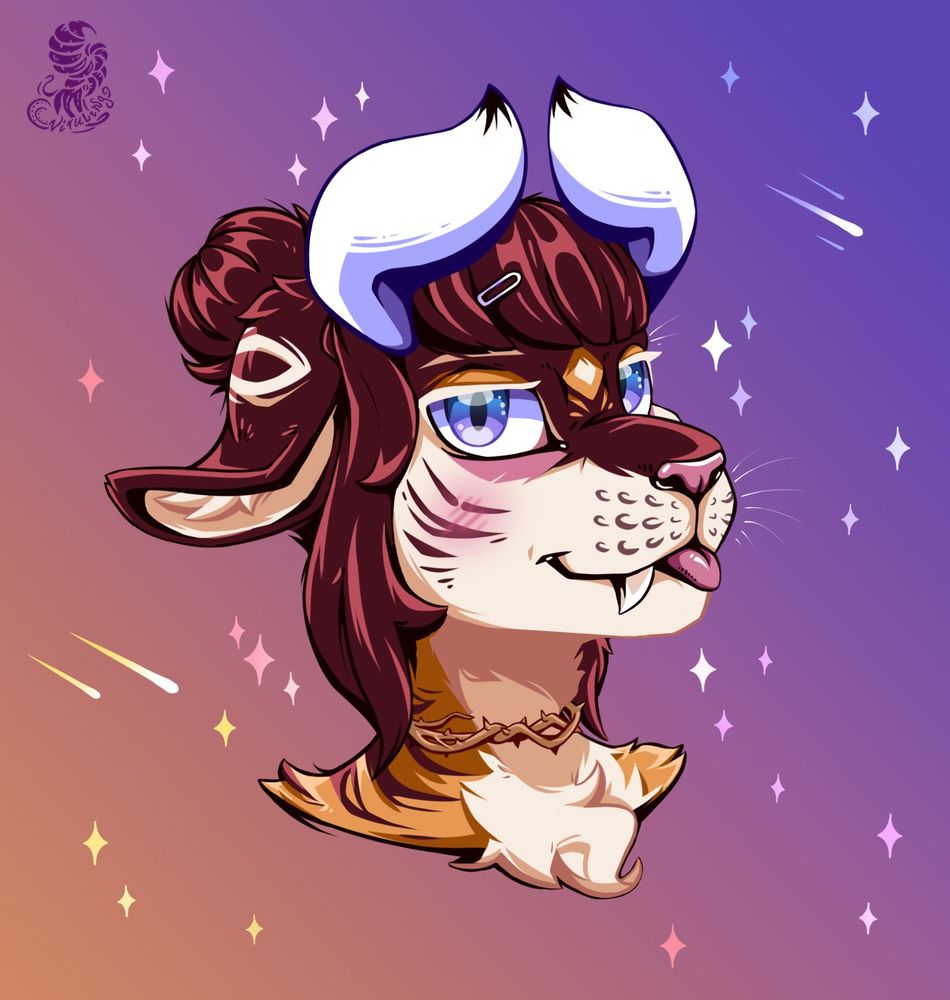A furry tigress head with maroon hair in a bun, white cow horns, and cow ears. Her eyes are violet-blue, and she has a thorny vine collar around her neck. She is surrounded by a bright starry sky.