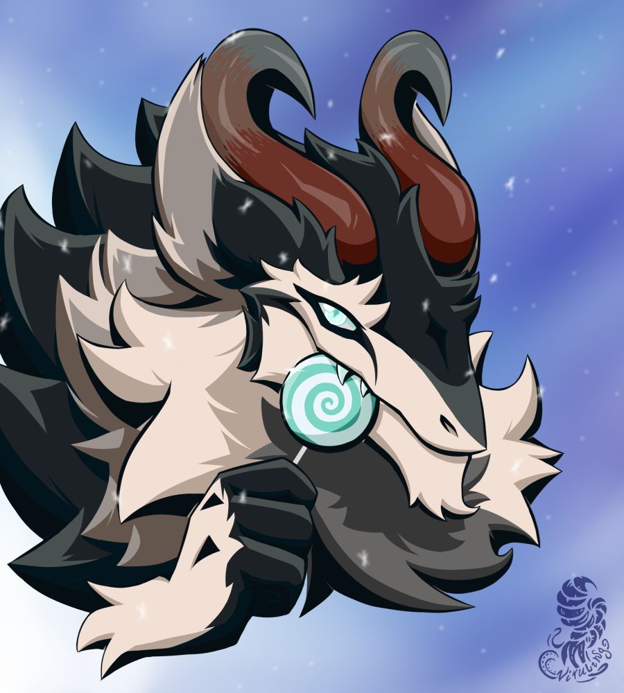 Fluffy horned sergal eats a mint lollipop 