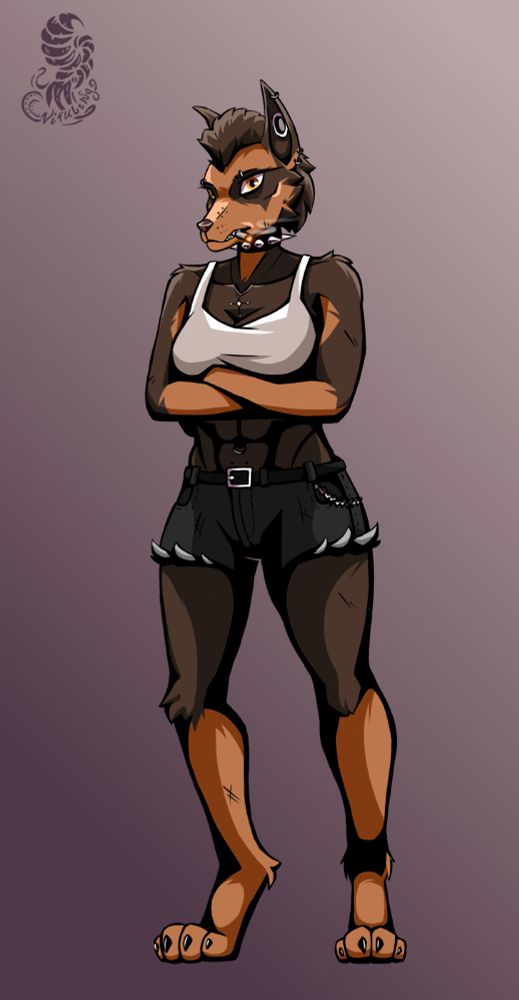 Furry punk doberman girl is smoking with his arms crossed over his chest