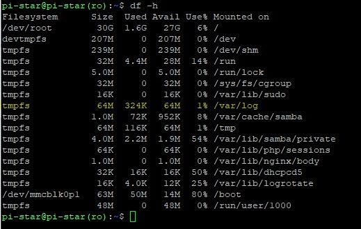Screenshot showing the results of "df -h". It's showing that only 1% is used by /var/log now, but this was at 100% when I discovered the problem.