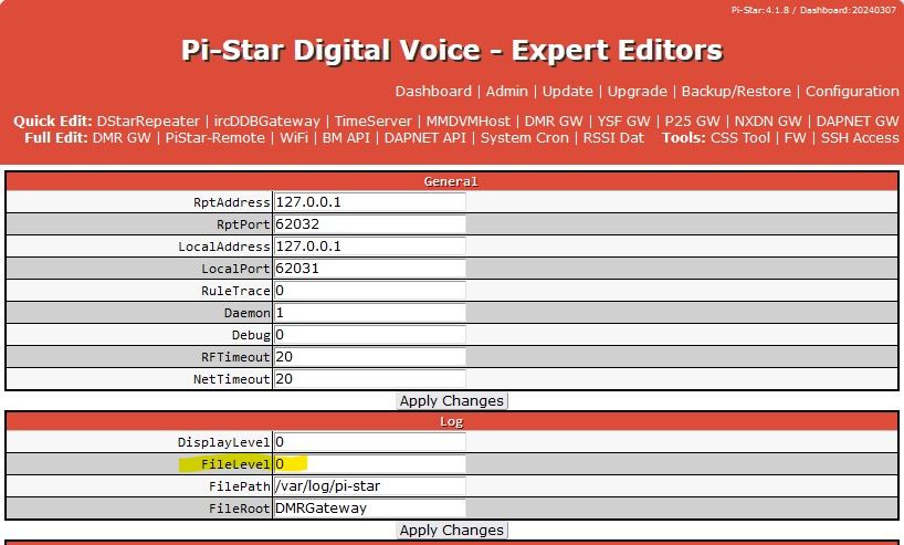 Screenshot of the Configuration>Expert>DMR GW page of the pi-star dashboard showing the FileLevel set to zero in the "Log" section. 

This was set to "1" which means that every byte going across the gateway gets logged filling up valuable disk space. 

I probably fat-fingered this myself. :) 

Of course, this may also happen for gateways other than the DMR gateway.