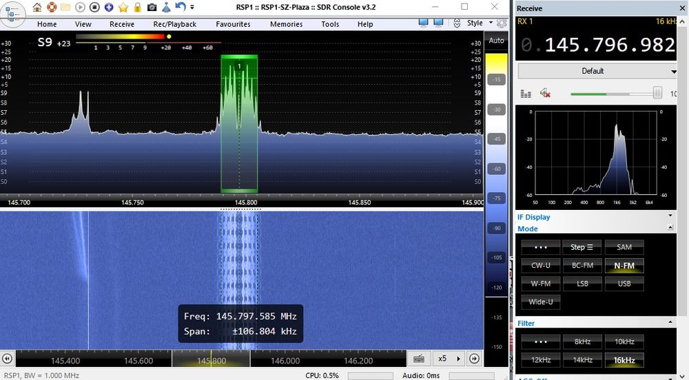 SDR Console screenshot showing a very strong signal on the waterfall of the ISS SSTV transmission on 145.8 MHZ +/- Doppler.