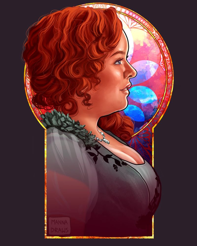 Digital painting of Penelope Featherington from Bridgerton. She is facing the right side of the screen and drawn in portrait. Behind her is an elegant frame like stained glass, the shape made of combining a circle at the top and a rectangle at the bottom. The colors inside this frame are soft pinks and blues, making subtle circular and flower designs to enhance the color. She is fully colored and is smiling, her hair red and curly and framing her cheeks. The bottom of the picture has a purple gradient that fades out detail. There is a gold border around the frame and the bottom half of the portrait is kept entirely within the frame except for her chest. The top half of the portrait overlaps the frame and even sticks out slightly.
