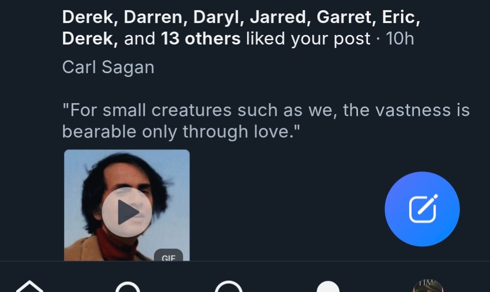 A screenshot of a BlueSky notification that shows several users who have liked a post about Carl Sagan. Their names are similar: Derek, Darren, Darryl, Jarred, Garret, Eric, and another Derek.

The original post reads,
"Carl Sagan

"For small creatures such as we, the vastness is bearable only through love."

The original post contains a GIF file that depicts Carl Sagan with his hair blowing in the wind.